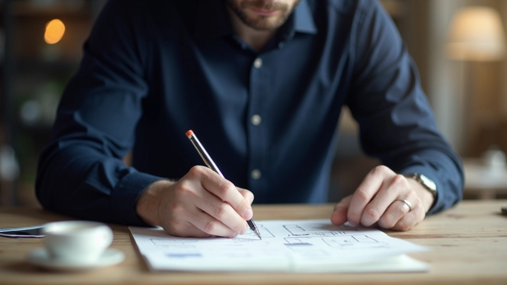 Designer die website wireframes op papier schetst met pen en koffie