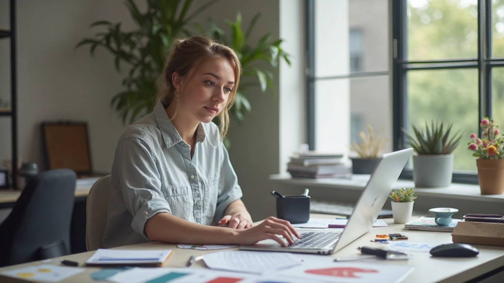 Designer werkend aan kleurpalette en typografieschema op moderne werkplek